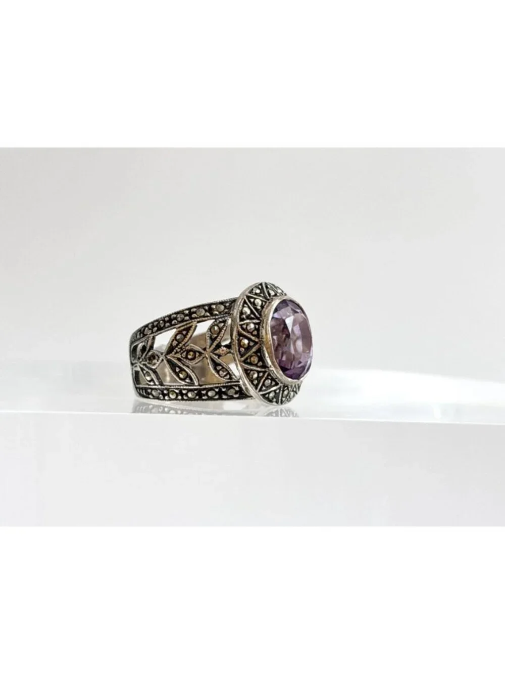 Art Deco Amethyst Gemstone Marcasite Sterling Silver 925 Vintage Ring - sz 5.75